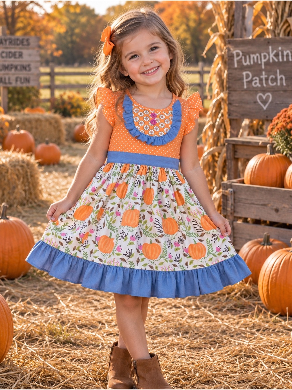 Eleanor Rose Girls Pumpkin Fall Boutique Dress Pockets Tie Back NWOT